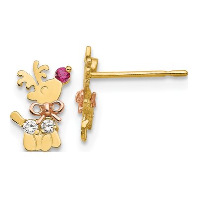 14K Two-Tone Gold CZ Girls' Reindeer Stud Earrings