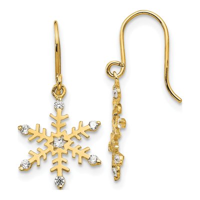 14K Yellow Gold CZ Snowflake Dangle Earrings