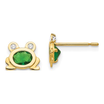 14K Yellow Gold CZ Girls' Frog Stud Earrings