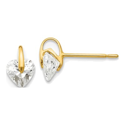 14K Yellow Gold CZ Girls' Heart Stud Earrings
