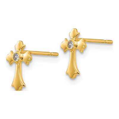 14K Yellow Gold CZ Girls' Cross Stud Earrings – view 3