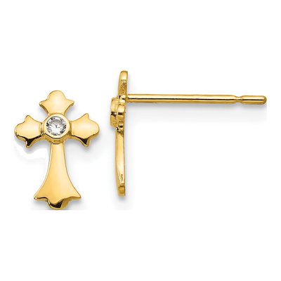 14K Yellow Gold CZ Girls' Cross Stud Earrings