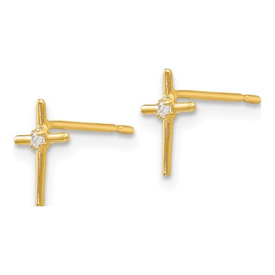 14K Yellow Gold CZ Girls' Cross Stud Earrings – view 3