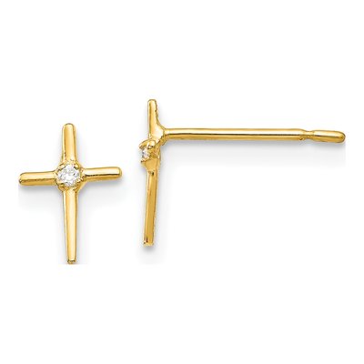 14K Yellow Gold CZ Girls' Cross Stud Earrings