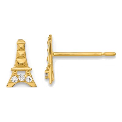 14K Yellow Gold CZ Kids' Eiffel Tower Stud Earrings