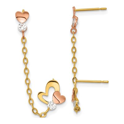 14K Two-Tone Gold CZ Heart Single Dangle Earring
