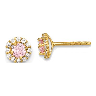 14K Yellow Gold CZ Clear Halo Button Stud Earrings
