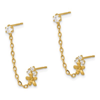 14K Yellow Gold CZ Flower Double Single Dangle Earring – view 3