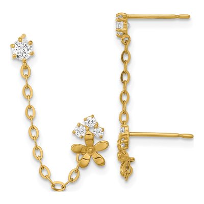 14K Yellow Gold CZ Flower Double Single Dangle Earring