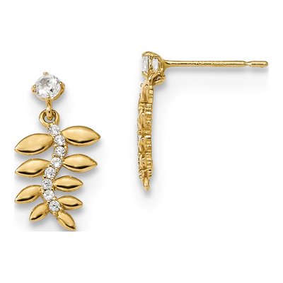 14K Yellow Gold CZ Kids Fern Leaf Dangle Earrings
