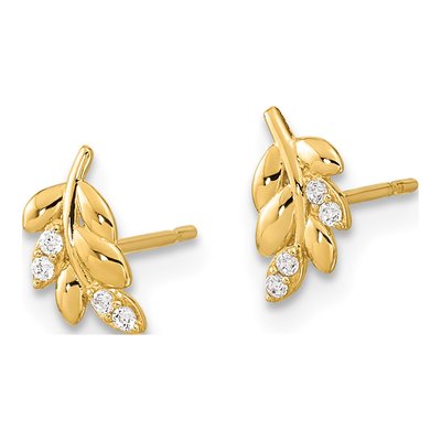 14K Yellow Gold CZ Fern Leaf Kids Stud Earrings – view 3