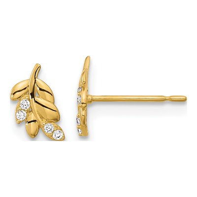14K Yellow Gold CZ Fern Leaf Kids Stud Earrings