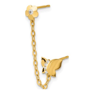 14K Yellow Gold CZ Butterfly Flower Single Dangle Earring – view 3