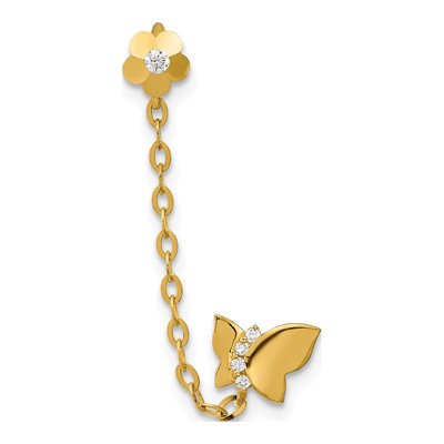 14K Yellow Gold CZ Butterfly Flower Single Dangle Earring
