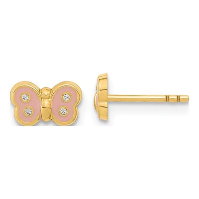 14K Yellow Gold CZ Kids' Enamel Butterfly Stud Earrings