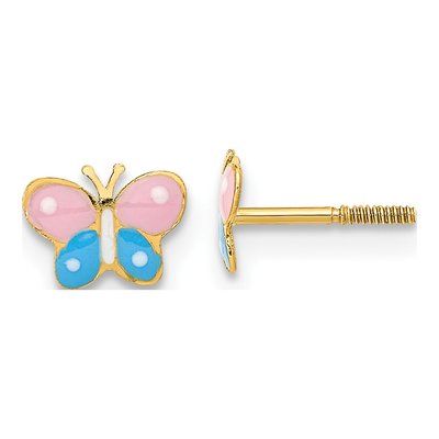 14K Yellow Gold Enamel Butterfly Screwback Stud Earrings