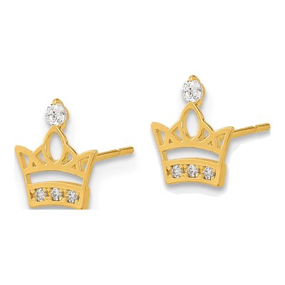 14K Yellow Gold CZ Kids Crown Stud Earrings – view 3