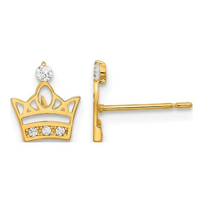 14K Yellow Gold CZ Kids Crown Stud Earrings