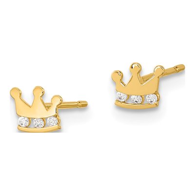 14K Yellow Gold CZ Kids' Crown Stud Earrings – view 3