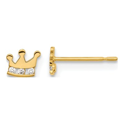 14K Yellow Gold CZ Kids' Crown Stud Earrings