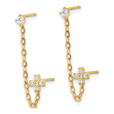 14K Yellow Gold CZ Cross Double Single Dangle Earring – view 2
