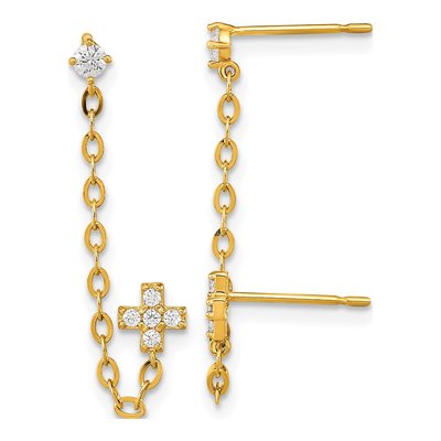 14K Yellow Gold CZ Cross Double Single Dangle Earring