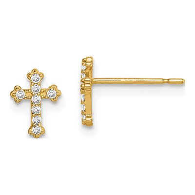 14K Yellow Gold Girls' CZ Cross Stud Earrings