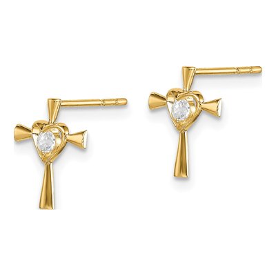 14K Yellow Gold Girls' CZ Cross Heart Stud Earrings – view 3