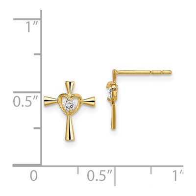14K Yellow Gold Girls' CZ Cross Heart Stud Earrings – view 5
