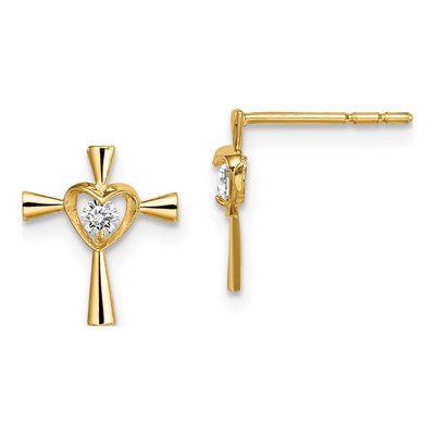 14K Yellow Gold Girls' CZ Cross Heart Stud Earrings