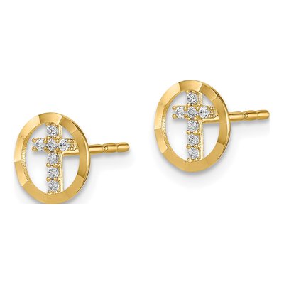 14K Yellow Gold Girls' CZ Circle Cross Stud Earrings – view 3
