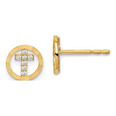 14K Yellow Gold Girls' CZ Circle Cross Stud Earrings