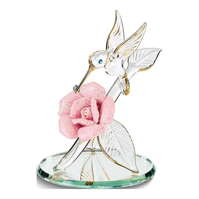 Hummingbird And Pink Porcelain Rose Handcrafted Glass Figurine