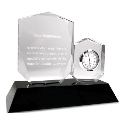 New Beginnings Crystal Desk Clock with Wood Base