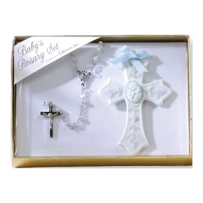 Blue Beads First Rosary & Porcelain Cross Gift Set