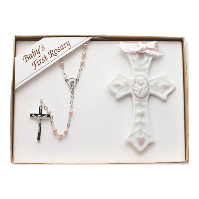 First Communion Pink Rosary & Porcelain Cross Gift Set
