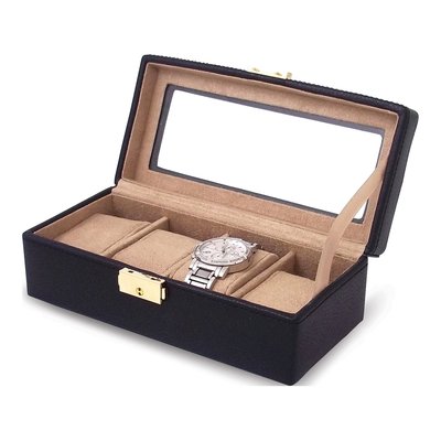 Black Leather 4-Watch Case with Clear Lid & Lock