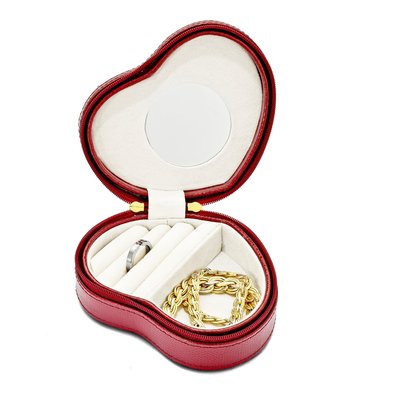 Red Bonded Leather Zippered Heart Jewelry Case