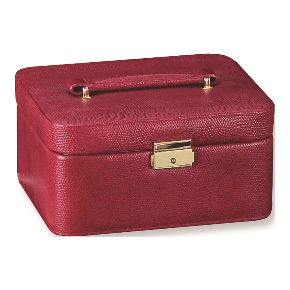 Red Lizard-Textured Leather Jewelry Case with Mirror & Tray