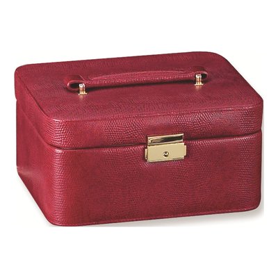 Red Lizard-Textured Leather Jewelry Case with Mirror & Tray