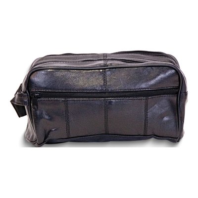 Black Leather Two Zip-Pocket Shaving Bag