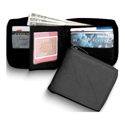 Men's Black Leather Zip-Around 12-Slot Bi-fold Wallet