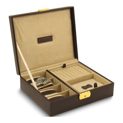 Brown Leather Locking 4-Watch & Valet Case