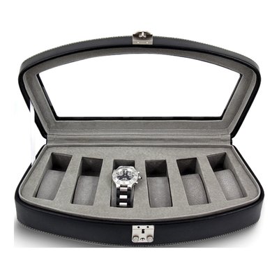 Black Leather 6-Watch Case with Glass Lid & Lock