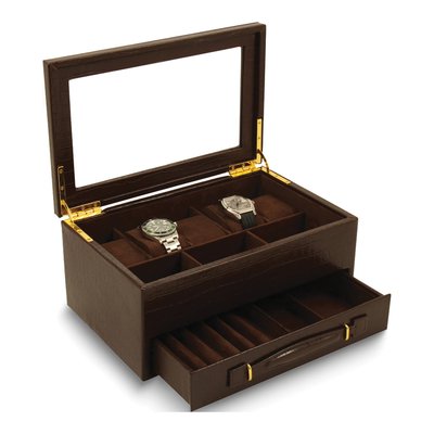 Brown Croco Leather 5-Watch Jewelry Box w/ Glass Lid