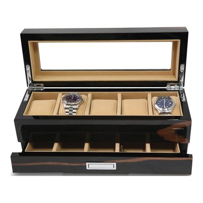 Ebony Finish 5-Watch Box with Glass Lid