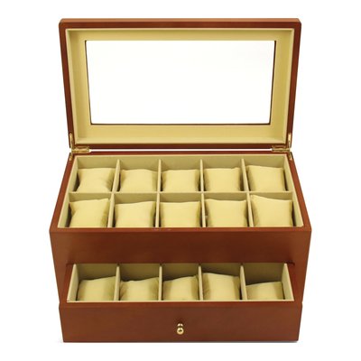 Cherry Finish Glass Lid Wooden Watch Box - 20 Slot