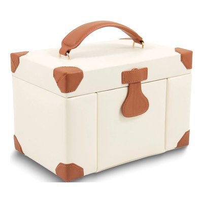 Ivory & Tan Leather Jewelry Case with Mirror & Travel Case