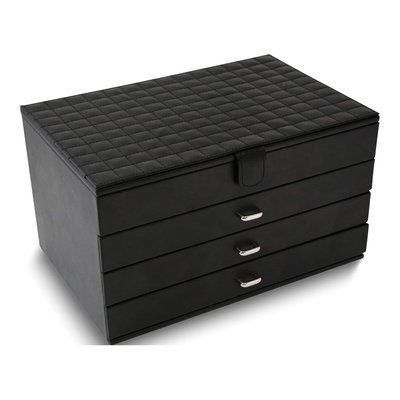 Black Quilted Leather 3-Drawer Jewelry Chest