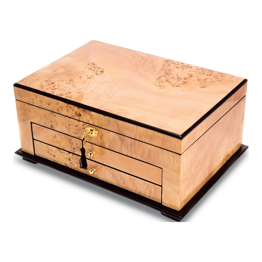 Birdseye Maple Locking Wooden Jewelry Box, 2-Drawer